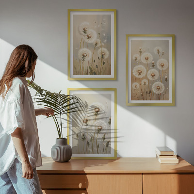 Set of 3 framed wall art pieces White dandelions on a light background