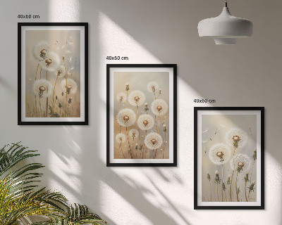 Set of 3 framed wall art pieces White dandelions on a light background