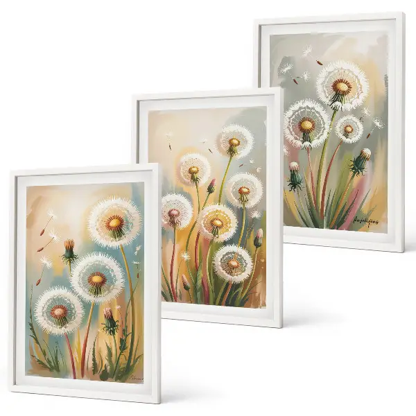 Three-piece wall art set dandelion flowers with pastel grasses
