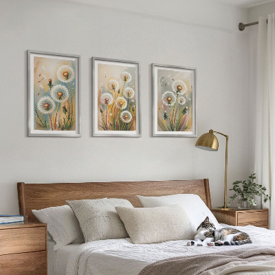 Three-piece wall art piece Dandelion flowers pastel grasses
