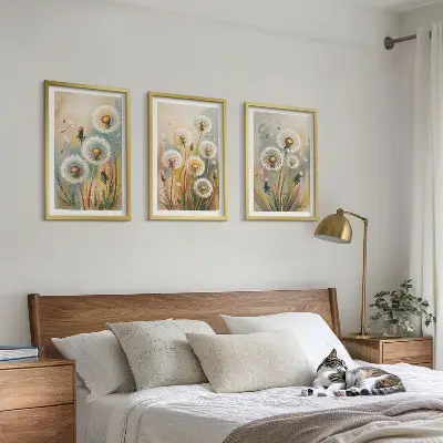 Three-piece wall art set dandelion flowers with pastel grasses