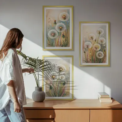 Three-piece wall art set dandelion flowers with pastel grasses