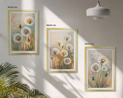 Three-piece wall art set dandelion flowers with pastel grasses