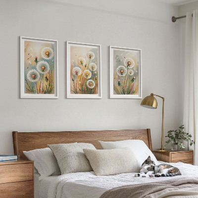 Three-piece wall art piece Dandelion flowers pastel grasses