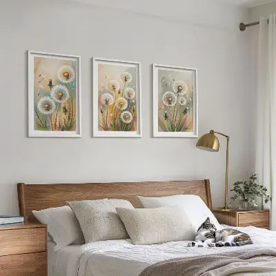 Three-piece wall art set dandelion flowers with pastel grasses