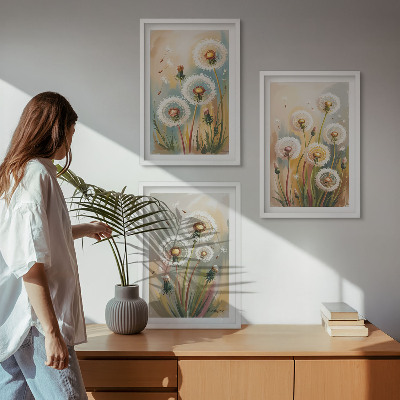 Three-piece wall art piece Dandelion flowers pastel grasses