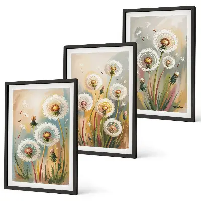 Three-piece wall art set dandelion flowers with pastel grasses