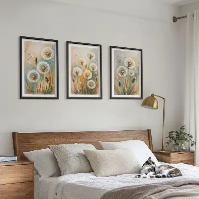 Three-piece wall art set dandelion flowers with pastel grasses