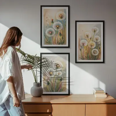 Three-piece wall art set dandelion flowers with pastel grasses