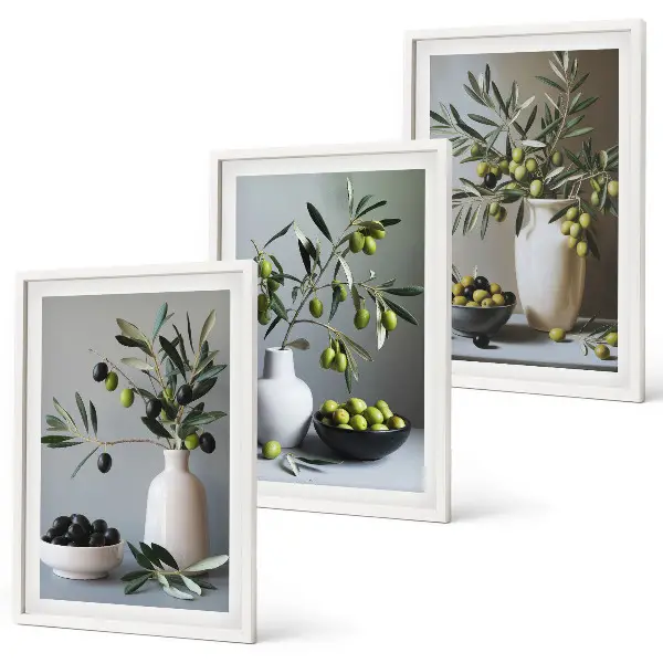 Set of 3 framed wall art pieces featuring olives in subdued vases