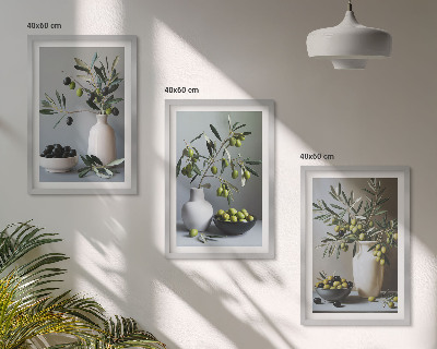 Set of 3 framed wall art pieces Olives in subdued vases