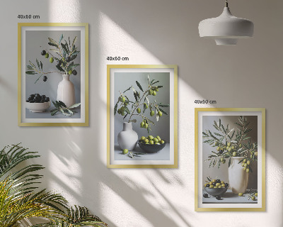 Set of 3 framed wall art pieces Olives in subdued vases