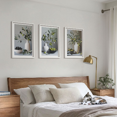 Set of 3 framed wall art pieces Olives in subdued vases