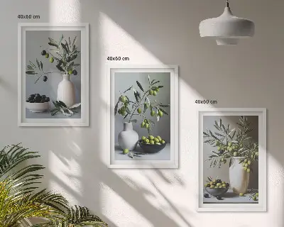 Set of 3 framed wall art pieces featuring olives in subdued vases