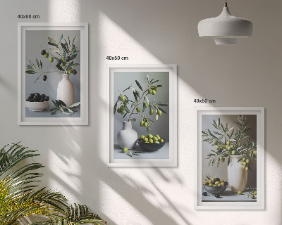 Set of 3 framed wall art pieces Olives in subdued vases