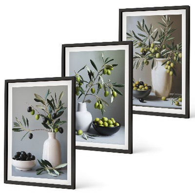 Set of 3 framed wall art pieces Olives in subdued vases