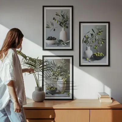 Set of 3 framed wall art pieces featuring olives in subdued vases