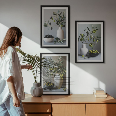 Set of 3 framed wall art pieces Olives in subdued vases