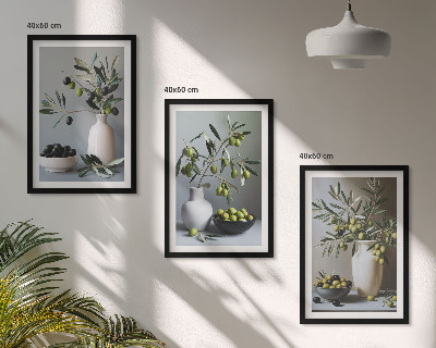 Set of 3 framed wall art pieces Olives in subdued vases
