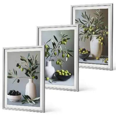 Set of 3 framed wall art pieces featuring olives in subdued vases