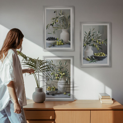 Wall art set Olives in gray vases
