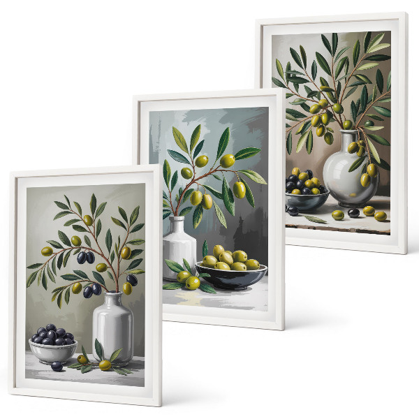 Three-piece wall art piece Ceramic olives gray