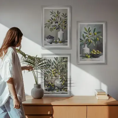 Three-piece ceramic wall art gray olives