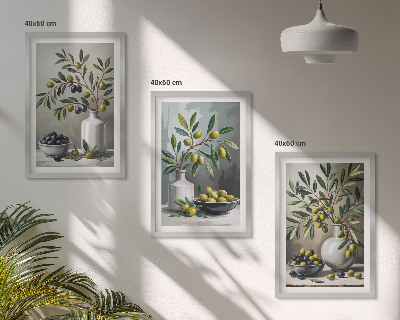 Three-piece wall art piece Ceramic olives gray