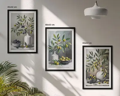 Three-piece ceramic wall art gray olives