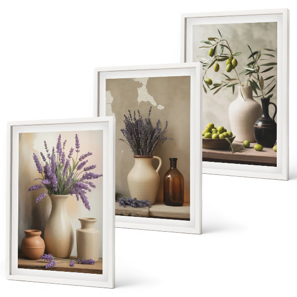 Set of 3 framed wall art pieces Flowers in vases olives decorations