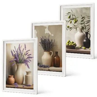 Set of 3 framed wall art pieces featuring decorative vases with flowers and olives