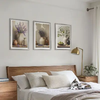 Set of 3 framed wall art pieces featuring decorative vases with flowers and olives