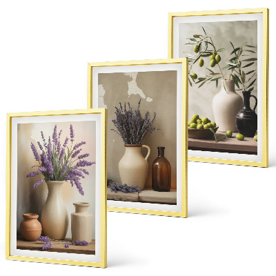 Set of 3 framed wall art pieces Flowers in vases olives decorations