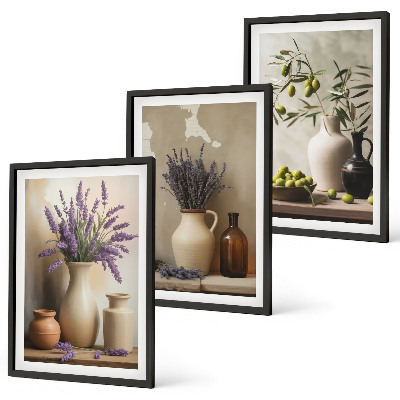 Set of 3 framed wall art pieces Flowers in vases olives decorations