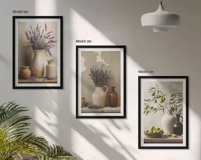 Set of 3 framed wall art pieces featuring decorative vases with flowers and olives