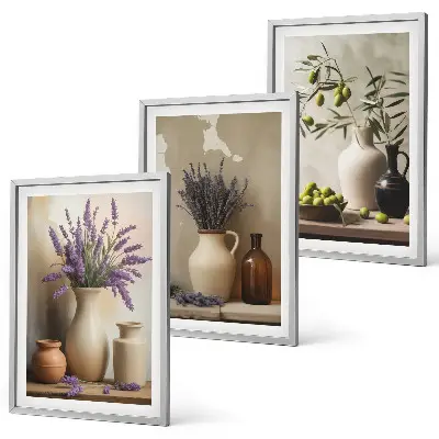 Set of 3 framed wall art pieces featuring decorative vases with flowers and olives