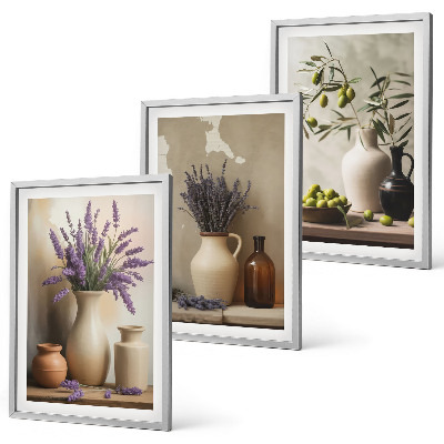 Set of 3 framed wall art pieces Flowers in vases olives decorations