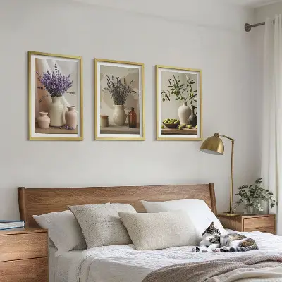 Three-piece lavender flowers and olive vessels wall art set three-piece wall art set