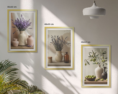 Three-piece wall art piece Lavender flowers olives vessels