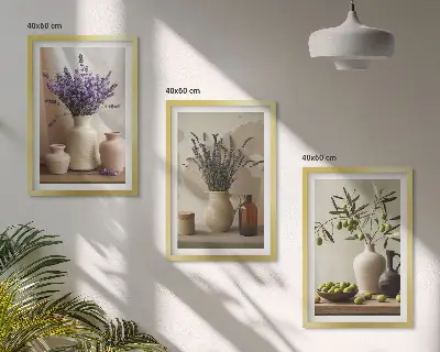 Three-piece lavender flowers and olive vessels wall art set three-piece wall art set