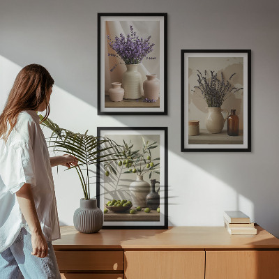Three-piece wall art piece Lavender flowers olives vessels