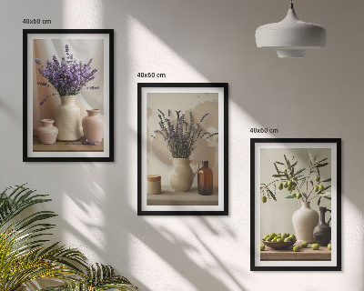 Three-piece wall art piece Lavender flowers olives vessels