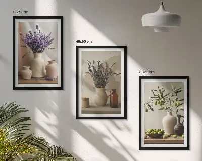 Three-piece lavender flowers and olive vessels wall art set three-piece wall art set