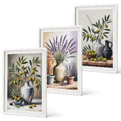 Set of 3 framed wall art pieces featuring olive flowers in vases