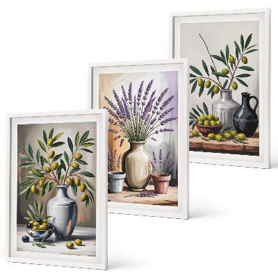 Set of 3 framed wall art pieces Olive flowers in vases in the background