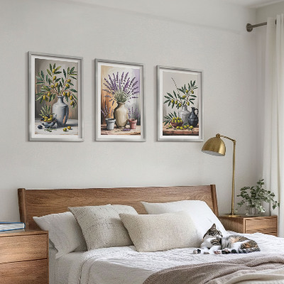Set of 3 framed wall art pieces Olive flowers in vases in the background