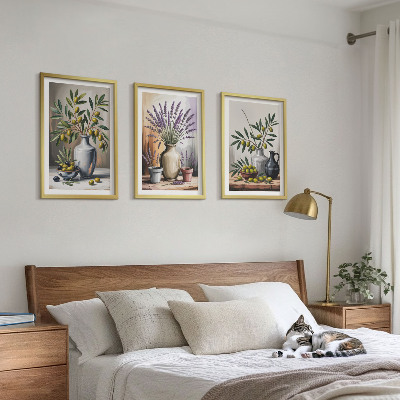 Set of 3 framed wall art pieces Olive flowers in vases in the background