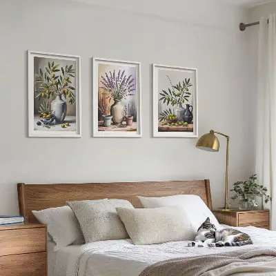 Set of 3 framed wall art pieces featuring olive flowers in vases