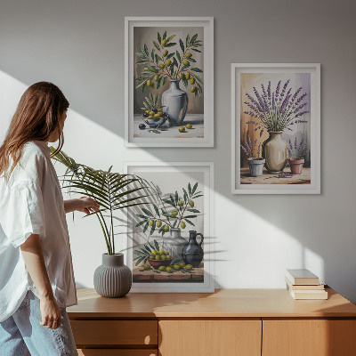 Set of 3 framed wall art pieces Olive flowers in vases in the background