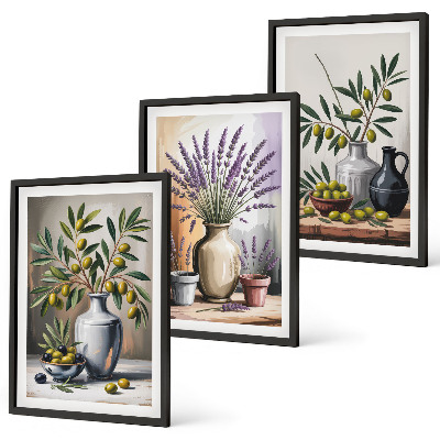 Set of 3 framed wall art pieces Olive flowers in vases in the background